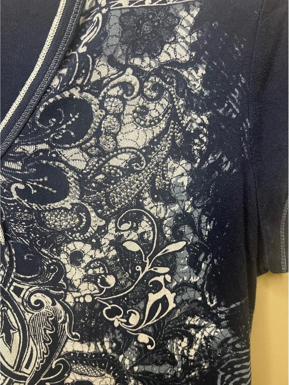 Blue Canyon Y2K Rhinestone Embellished Scroll Print Top XL Navy Gray Stretch
